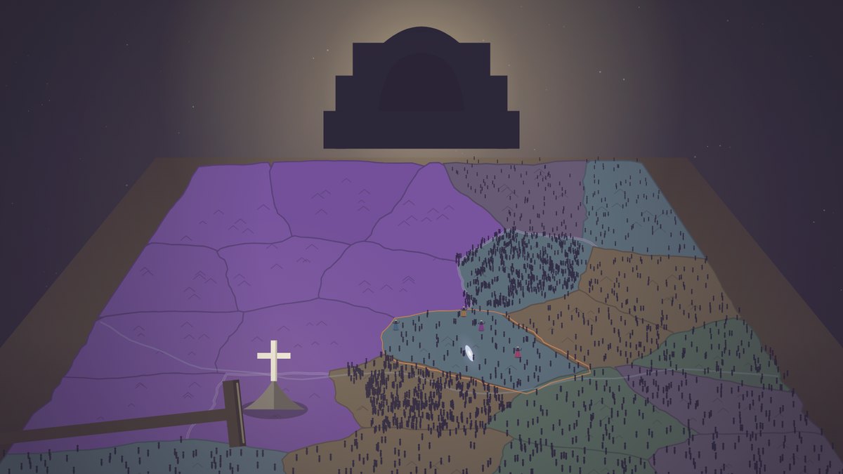 A vast war table seen from above, its map half taken by purple,
                      a small cross on a hill being pushed across it by a rake, and
                      the back of a throne at the head of the table.